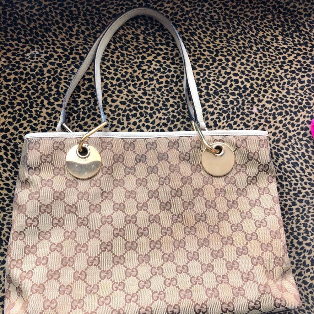 Gucci Canvas Shoulder Handbag Ivory Handles